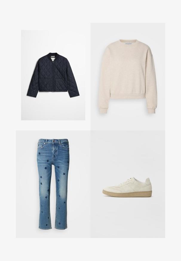 Marineblå quiltet jakke med diamant-syninger, frontlynlås, ribbet krave og to forlommer på en ensfarvet baggrund.; Lys beige sweatshirt lavet af blødt stof, med rund hals, nedfaldne skuldersømme og ribbede manchetter og kant.; Lysblå denimjeans med lige ben, prydet med marineblå blomsterbroderi og slitageeffekter nær lommerne og kanten.; Beige ruskind sneakers med et struktureret design, flad gummisål og karakteristisk sidesyning. Rund tå og polstret krave.