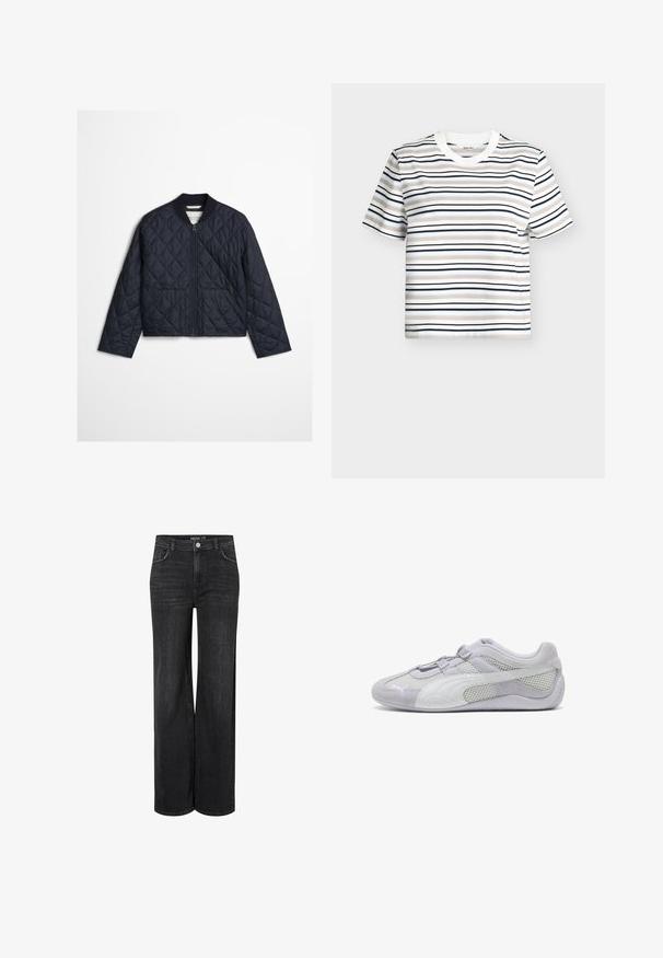 Veste matelassée bleu marine avec couture en losanges, fermeture éclair à l'avant, col côtelé et deux poches avant sur un fond uni.; T-shirt blanc à manches courtes avec des rayures horizontales beige, bleu clair, bleu marine et noir. Encolure ras-du-cou avec un col côtelé plat.; Jean en denim noir à jambes larges avec un design classique à cinq poches, fermeture à bouton à l'avant et détails de couture subtils.; Chaussure de sport gris clair en suède et mesh, à bout arrondi, avec des accents blancs contrastés et une semelle en caoutchouc texturée. Bande ajustable pour un meilleur maintien.