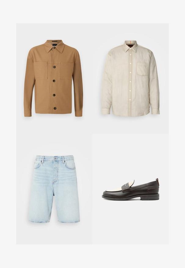 Lys beige langærmet skjorte med knaplukning foran, enkelt brystlomme og et blødt, let tekstureret stof. Kontrastfarver i kraveskiltet.; BOSS CRAIG - Skjorter - medium beige; Lys blå denimshorts med høj talje, knaplukning og fem-lomme stil. Har diskret falmning og lige ben.; Mørkebrune herresko i læder med cremefarvet stofpanel og klassisk syning på remmen, flad sål og trækskærm ved hælen.