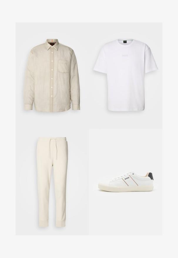 Camisa beis claro de manga larga con botones en el frente, un bolsillo en el pecho y una tela suave y ligeramente texturizada. Detalles del cuello en contraste.; Camiseta de algodón blanca de manga corta, con escote redondo y logotipo grabado de "BOSS" en el pecho. Textura suave, ajuste estándar.; Pantalones de chándal ajustados en color blanco roto con cintura elástica, cordones ajustables y tobillos con puños sobre un fondo blanco liso.; Zapatillas blancas con una suela de goma texturizada, parte superior sintética lisa, acento negro en el talón y dos rayas marrones. Logo "BOSS" en el costado.