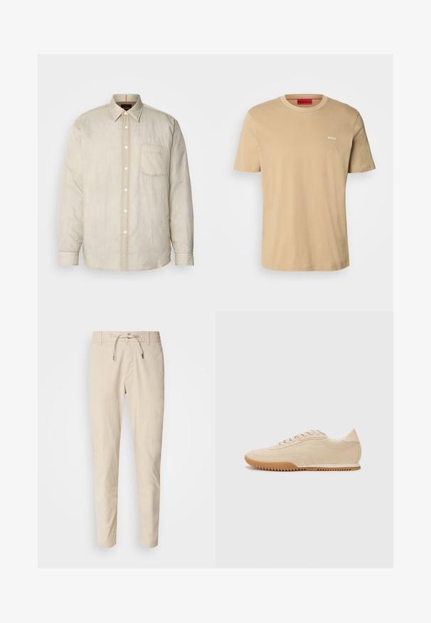 Camisa beis claro de manga larga con botones en el frente, un bolsillo en el pecho y una tela suave y ligeramente texturizada. Detalles del cuello en contraste.; Camiseta de algodón beige con cuello redondo, mangas cortas y un pequeño logo blanco "HUGO" en el pecho. Textura suave sin patrones.; Pantalones beige claros con una textura de tela suave, cinturilla elástica y cordón ajustable. Diseño de pierna ajustada. Sin patrones visibles.; Zapatillas de ante beige con un diseño aerodinámico, que presentan un upper texturizado, puntera redondeada y una suela de goma con un patrón de zigzag.