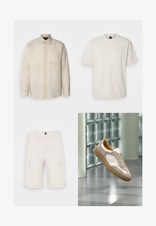 Lys beige langærmet skjorte med knaplukning foran, enkelt brystlomme og et blødt, let tekstureret stof. Kontrastfarver i kraveskiltet.; Kortærmet, crew-neck t-shirt i off-white bomuld med lige snit og minimal branding på kraven. Blød tekstur, uden mønstre.; Beige cargo shorts lavet af letvægtsstof, med to sidelommer og en foldet nederkant. Knaplukning i taljen.; Beige og hvid sneaker med tan sål og "BOSS" logo, ophængt over en reflekterende glat gulv med glasblokvæg i baggrunden.