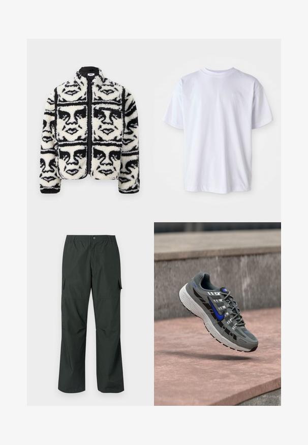 Fuzzy sort/hvid zip-up jakke med et gentaget grafisk mønster af ansigtstræk. Fremstillet af blød, tekstureret fleece materiale.; Hvid bomulds T-shirt med rund hals og korte ærmer. Har et diskret logo broderet i matchende farve på venstre bryst.; Mørkegrøn cargo bukser med en afslappet pasform, elastisk talje, sydde lommer og en glat, let stofstruktur.; Grå og sort Nike løbesko med blå swoosh og hvid sål, svævende over en stenovertflade.