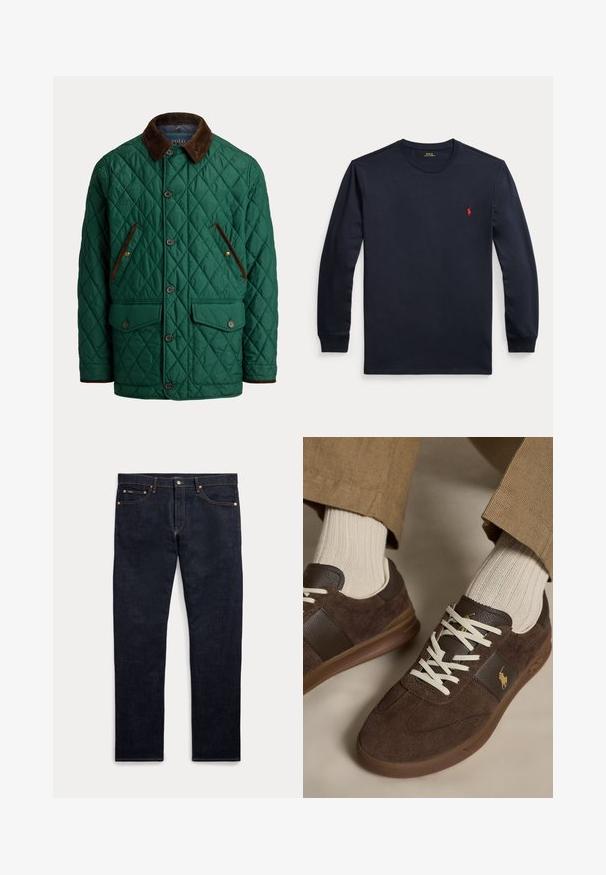 Grüne gesteppte Jacke mit braunem Cordkragen und Taschenblenden, Knopfverschluss und zwei Klappentaschen vorne.; Marineblaues Langarmshirt mit Rundhalsausschnitt und kleinem roten Sticklogo auf der linken Brust.; Dunkelblaue Denim-Jeans mit fünf Taschen, Knopf- und Reißverschluss sowie sichtbaren goldenen Nähten, flach auf hellem Hintergrund dargestellt.; Braune Veloursleder-Sneaker mit weißen Schnürsenkeln, getragen mit beigen gerippten Socken und hellbraunen Hosen.