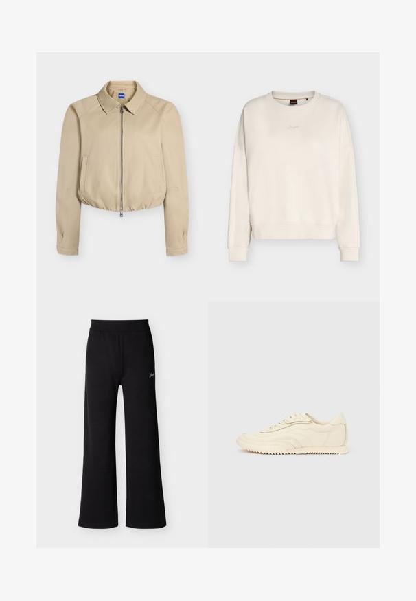 Veste courte beige avec fermeture éclair à l'avant, col pointu, manches longues, poches latérales et ourlet élastiqué, étiquetée "Hugo" à l'intérieur du col.; Sweat-shirt écru à col rond, manches longues, poignets et ourlet côtelés, petit logo brodé au centre de la poitrine.; Pantalon noir à jambes larges avec taille élastique et petit détail signature blanc sur la cuisse gauche supérieure, présenté sur un fond uni.; Baskets basses de couleur crème avec des coutures ondulées, une fermeture à lacets et une semelle crantée, vues de côté sur un fond uni.