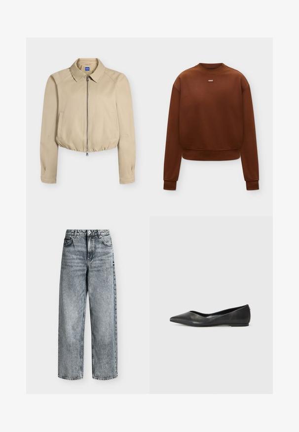 Beige cropped jasje met rits aan de voorkant, puntkraag, lange mouwen, zijzakken en elastische zoom, met label "Hugo" aan de binnenkant van de kraag.; Bruine lange mouwen crewneck sweatshirt met geribbelde manchetten en zoom, met een klein "HUGO" logo patch in het midden van de borst.; Jeans met hoge taille en rechte pijpen in vervaagde grijze denim met voorzakken, riemlussen en een knoopsluiting.; Zwarte leren ballerina met een spitse neus, lage hak en een gladde structuur. Minimalistisch ontwerp met een subtiele zijaccent.