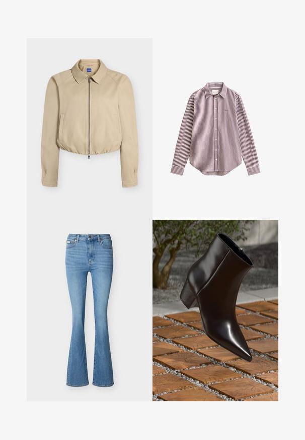 Beige gekürzte Jacke mit Frontreißverschluss, spitzem Kragen, langen Ärmeln, Seitentaschen und elastischem Saum, innen im Kragen mit "Hugo" beschriftet.; Langärmliges Hemd mit weißen und kastanienbraunen vertikalen Streifen, spitzem Kragen und kleinem besticktem Logo auf der Brust.; Hellblaue High-Waist-Denim-Jeans mit leicht ausgestelltem Beinabschluss und klassischem Fünf-Taschen-Stil.; Schwarze Leder-Stiefelette mit spitzem Schuhkopf, Blockabsatz und glatter Textur, positioniert über einer Holz- und Kiesoberfläche.