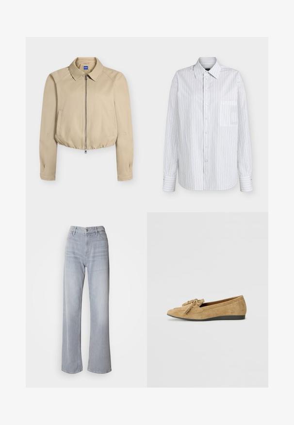 Chaqueta corta beige con cremallera frontal, cuello puntiagudo, mangas largas, bolsillos laterales y bajo elástico, con etiqueta "Hugo" en el interior del cuello.; Camisa blanca de manga larga con botones, con finas rayas verticales negras y un bolsillo frontal en el pecho.; Jeans de pernera ancha en gris claro, con cintura alta, hechos de denim. Presentan bolsillos frontales, cremallera y un leve desvanecimiento por toda la prenda.; Zapatos planos de ante en marrón claro con punta redondeada y detalle decorativo de borlas. La suela es de goma negra texturizada para un mejor agarre.