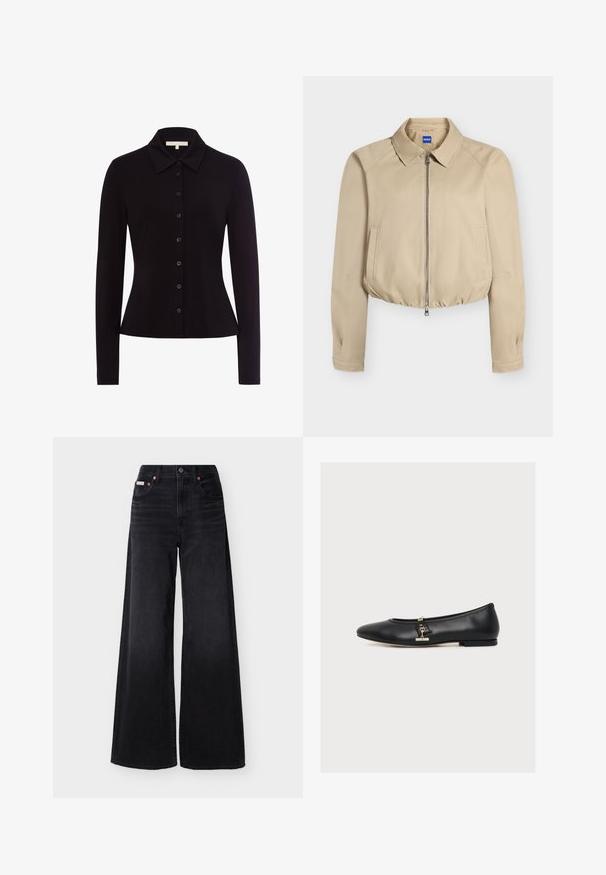 Beige gekürzte Jacke mit Frontreißverschluss, spitzem Kragen, langen Ärmeln, Seitentaschen und elastischem Saum, innen im Kragen mit "Hugo" beschriftet.; Schwarzes Langarmhemd mit Kragen, featuring eine durchgehende Knopfleiste und eine taillierte Passform, aus glattem Stoff gefertigt.; Schwarze Jeans mit weitem Bein, hoher Taille, Knopfleiste vorne, Reißverschluss, Gürtelschlaufen und Fünf-Taschen-Design.; Schwarze Leder-Ballerina mit einer kleinen goldenen Schnalle an der Seite, niedrigem Absatz und abgerundeter Spitze, im Profil auf weißem Hintergrund dargestellt.