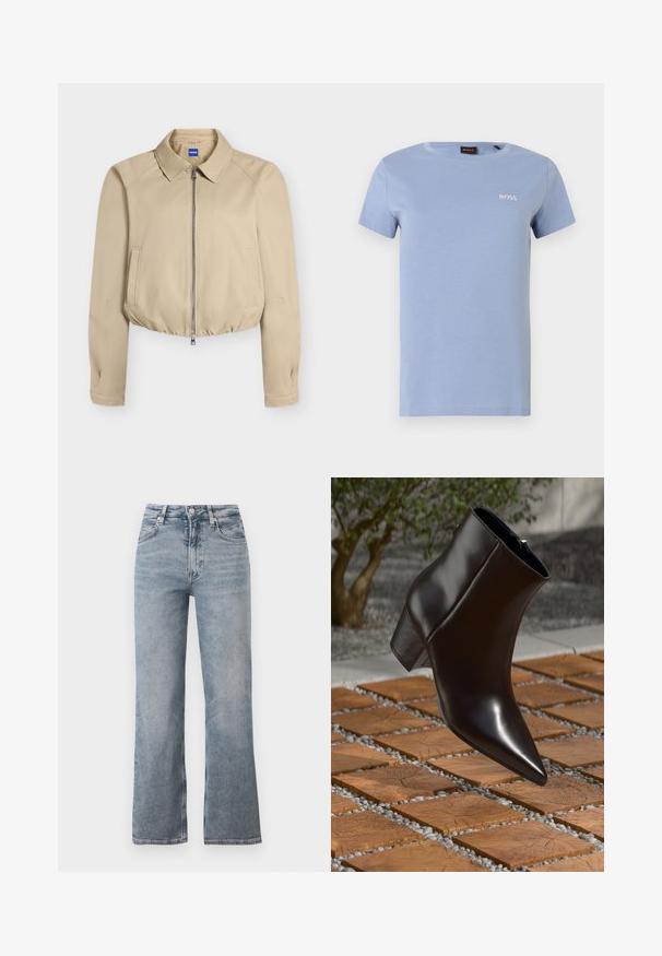 Beige cropped jasje met rits aan de voorkant, puntkraag, lange mouwen, zijzakken en elastische zoom, met label "Hugo" aan de binnenkant van de kraag.; Lichtblauw katoenen T-shirt met korte mouwen, ronde hals en het BOSS-logo in het wit geborduurd op de linkerborst. Gladde textuur, casual pasvorm.; Lichtblauwe jeans met hoge taille en rechte pijpen, voorzien van een knoopsluiting aan de voorkant, een rits en het klassieke ontwerp met vijf zakken.; Zwarte leren enkelboot met een spitse neus, blokhak en een gladde textuur, gepositioneerd boven een houten en grindoppervlak.