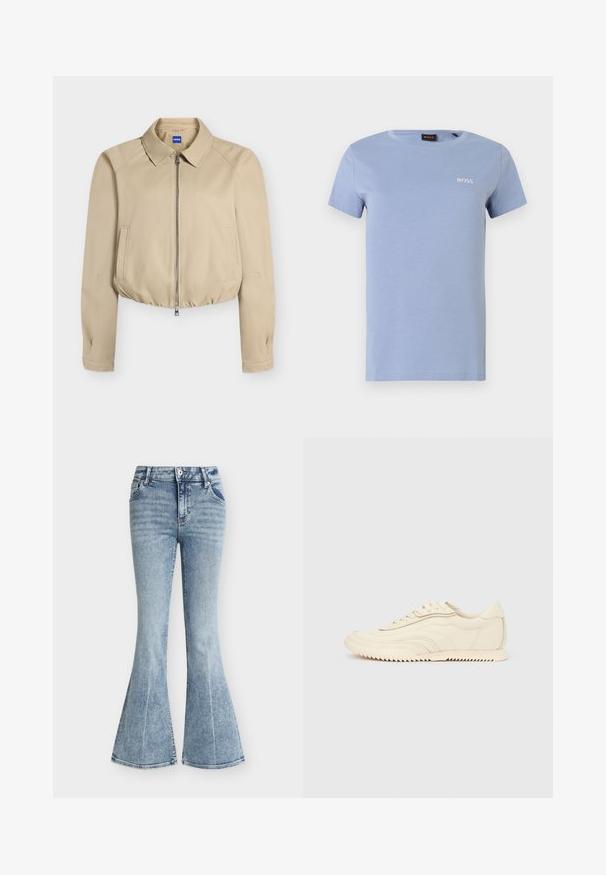 Veste courte beige avec fermeture éclair à l'avant, col pointu, manches longues, poches latérales et ourlet élastiqué, étiquetée "Hugo" à l'intérieur du col.; T-shirt en coton bleu clair à manches courtes, col rond, avec le logo BOSS brodé en blanc sur le côté gauche de la poitrine. Texture douce, coupe décontractée.; Jean en denim bleu clair taille haute avec un lavage délavé, poches avant, fermeture par bouton et zip, et jambes évasées style pattes d'éléphant.; Baskets basses de couleur crème avec des coutures ondulées, une fermeture à lacets et une semelle crantée, vues de côté sur un fond uni.