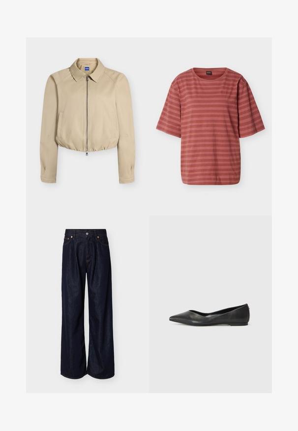 Beige cropped jakke med frontlynlås, spids krave, lange ærmer, sidelommer og elastisk kant, mærket "Hugo" indeni kraven.; Rustfarvet kortærmet t-shirt med tynde horisontale hvide striber og et lille broderet logo på venstre bryst.; Vide denimjeans i mørkeblå med brede ben, forrest med knapper og fem-lomme-design på en ensartet lys baggrund.; Sorte læder balletlejersko med spids tå, lav hæl og glat overflade. Minimalistisk design med en diskret sideaccent.