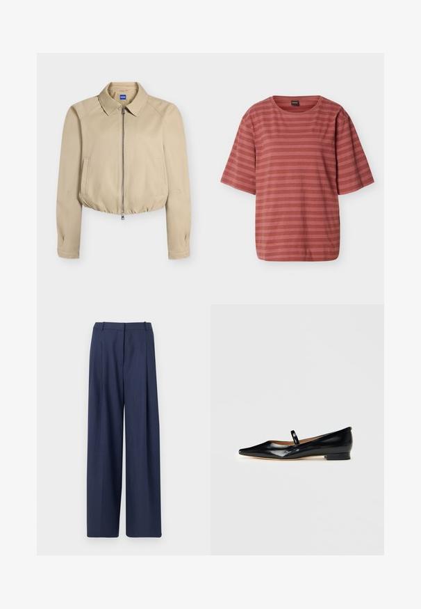Beige cropped jakke med frontlynlås, spids krave, lange ærmer, sidelommer og elastisk kant, mærket "Hugo" indeni kraven.; Rustfarvet kortærmet t-shirt med tynde horisontale hvide striber og et lille broderet logo på venstre bryst.; Marineblå, vide bukser lavet af struktureret stof, med en plisseret front og et struktureret taljeområde med bæltestropper.; Sorte patenterede læder Mary Jane flade sko med spids tå, én rem og lav hæl på ensfarvet baggrund.