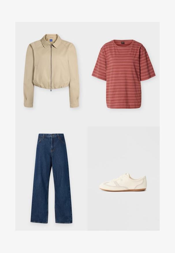 Beige cropped jakke med frontlynlås, spids krave, lange ærmer, sidelommer og elastisk kant, mærket "Hugo" indeni kraven.; Rustfarvet kortærmet t-shirt med tynde horisontale hvide striber og et lille broderet logo på venstre bryst.; Mørkeblå brede jeans lavet af denim med et klassisk fem-lomme design. Har kontrastsyning og en frontlukning med knap.; Sneakers i cremefarve med overdel i ruskind og stof, rundet tå og gummisål med beige detaljer. Snørelukning.