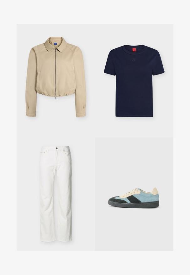 Veste courte beige avec fermeture éclair à l'avant, col pointu, manches longues, poches latérales et ourlet élastiqué, étiquetée "Hugo" à l'intérieur du col.; T-shirt bleu marine à manches courtes et col rond avec un logo "HUGO" discrètement embossé sur la poitrine et une étiquette rouge à l'intérieur du col.; Jean blanc à jambes droites avec poches avant, passants pour ceinture, fermeture par bouton, et coutures visibles sur un fond uni.; Baskets basses en suède bleu clair, vert foncé et beige avec semelle noire et lacets beiges, présentées de l'extérieur.