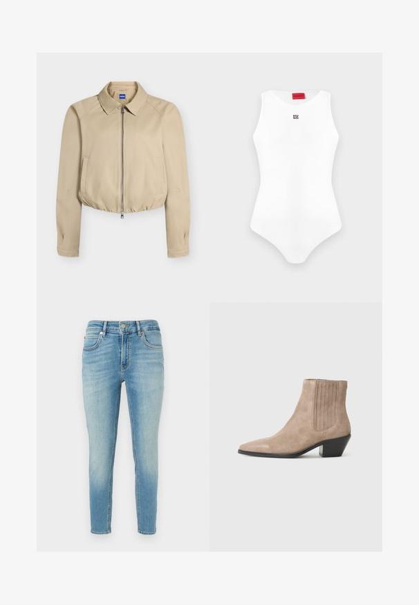 Beige cropped jakke med frontlynlås, spids krave, lange ærmer, sidelommer og elastisk kant, mærket "Hugo" indeni kraven.; Hvid ærmeløs tætsiddende bodysuit med rund halsudskæring og lille sort "HUGO"-logo på brystet, rød brandlabel indeni kraven.; Lyseblå slim-fit jeans med knap- og lynlåslukning foran, fem lommer og subtile slidte detaljer på lår og knæ.; Beige ruskindsankelstøvle med spidse tæer og formeede hæle, der har lodrette syningsdetaljer på siden.
