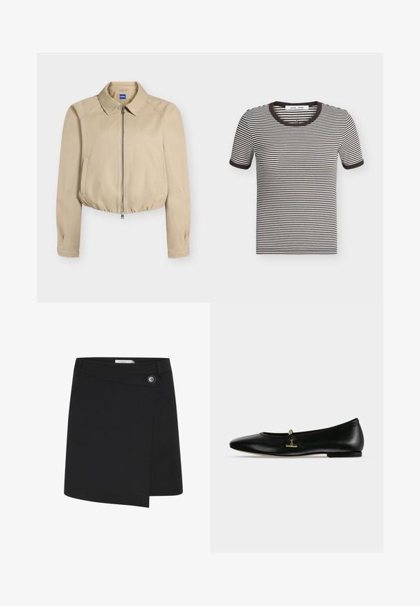 Beige cropped jakke med frontlynlås, spids krave, lange ærmer, sidelommer og elastisk kant, mærket "Hugo" indeni kraven.; Kortærmet sort-hvidt t-shirt med vandrette striber, sort ribbet halsudskæring og manchetter, lagt fladt på en lys baggrund.; Sort omslagskørt lavet af et glat stof, med en sidelukning og en asymmetrisk kant for et struktureret udseende.; Sort læder flad sko med en lille guldkæde og stangdetalje hen over toppen, rundet tå og lav hæl.