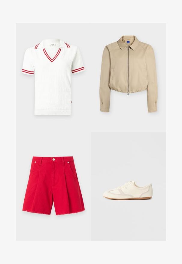 Veste courte beige avec fermeture éclair à l'avant, col pointu, manches longues, poches latérales et ourlet élastiqué, étiquetée "Hugo" à l'intérieur du col.; Polo blanc à manches courtes en maille avec doubles rayures rouges sur le col et les poignets des manches, col en V et motif subtil en relief de texte.; Shorts rouges taille haute avec plis à l'avant, fermeture par bouton métallique, passants pour ceinture, poches latérales et détails d'ourlet brut.; Baskets couleur crème avec une tige en daim et tissu, un bout arrondi, et une semelle en caoutchouc avec un détail accent beige. Fermeture à lacets.