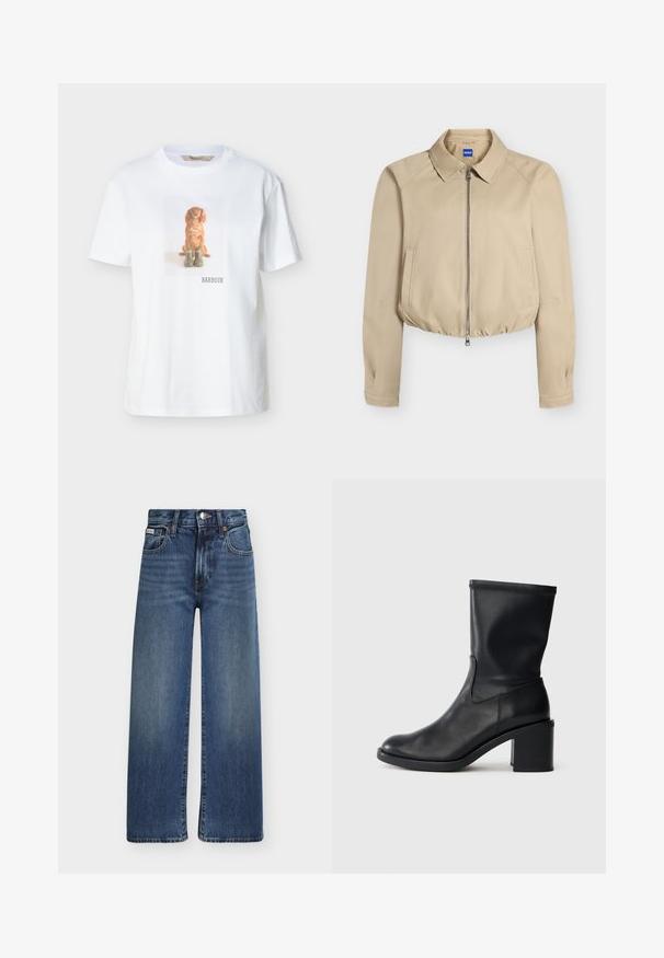 Veste courte beige avec fermeture éclair à l'avant, col pointu, manches longues, poches latérales et ourlet élastiqué, étiquetée "Hugo" à l'intérieur du col.; T-shirt blanc avec une impression centrée d'un chien marron assis derrière deux bottes vertes et le texte "BARBOUR" en dessous.; Jean en denim bleu coupe droite avec fermeture devant par bouton et zip, passants pour ceinture, et style cinq poches.; Botte en cuir noir à cheville avec un bout rond, texture lisse et un talon épais, présentant un tige ajustée et un subtil détail de couture.