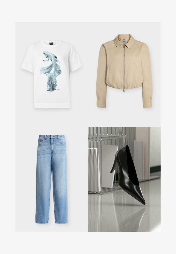 Veste courte beige avec fermeture éclair à l'avant, col pointu, manches longues, poches latérales et ourlet élastiqué, étiquetée "Hugo" à l'intérieur du col.; T-shirt blanc avec un graphique détaillé d'un poisson combattant bleu clair centré sur le devant et un petit logo BOSS sous le poisson.; Jean bleu clair taille haute à jambes droites avec fermeture avant à boutons et zip, passants de ceinture et poches avant sur fond blanc.; Chaussure noire à talon haut avec bout pointu et logo doré, posée sur une surface réfléchissante près d'un organiseur de dossiers en fil chromé contenant des documents.