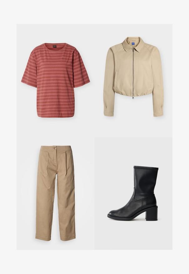 Veste courte beige avec fermeture éclair à l'avant, col pointu, manches longues, poches latérales et ourlet élastiqué, étiquetée "Hugo" à l'intérieur du col.; T-shirt à manches courtes couleur rouille avec de fines rayures horizontales blanches et un petit logo brodé sur le côté gauche de la poitrine.; Pantalon beige taille haute avec jambes droites, détails plissés et fermeture à bouton. Fabriqué en tissu de coton léger avec une texture lisse.; Botte en cuir noir à cheville avec un bout rond, texture lisse et un talon épais, présentant un tige ajustée et un subtil détail de couture.