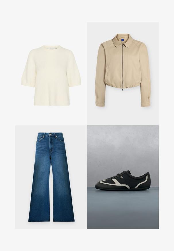 Beige cropped jakke med frontlynlås, spids krave, lange ærmer, sidelommer og elastisk kant, mærket "Hugo" indeni kraven.; Kortærmet sweater med rund hals lavet af blødt, fluffy materiale i off-white. Har en afslappet pasform med ribbede cuffs og kant.; Højtaljede jeans i mørkeblå denim med bredt ben, med standardlommer og kontrastfarvet syning. Glat tekstur, uden pynt.; Sort sneakers med tekstureret læderoverdel, kontrasterende grå accenter, rund tå og flad sål. Har snørebånd og mærkelogo på siden.