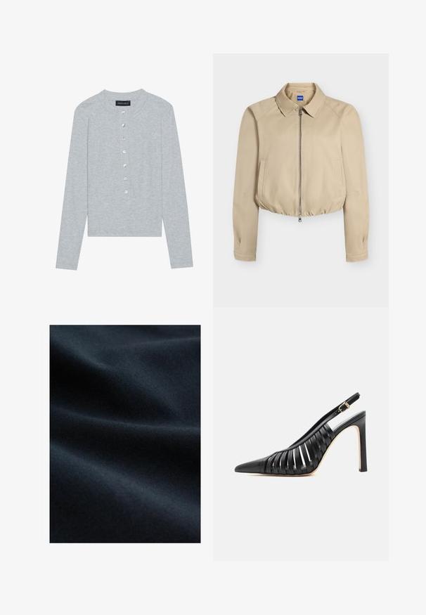 Chaqueta corta beige con cremallera frontal, cuello puntiagudo, mangas largas, bolsillos laterales y bajo elástico, con etiqueta "Hugo" en el interior del cuello.; Cárdigan gris de manga larga hecho de tela acanalada, con escote redondo y seis botones frontales con un ligero brillo.; Tela suave y oscura con una textura lisa y un brillo sutil, que presenta suaves ondas y pliegues que indican caimiento y flexibilidad.; Zapato de tacón alto tipo slingback negro con punta puntiaguda y tiras de cuero recortadas, con una hebilla dorada en la correa del tobillo.