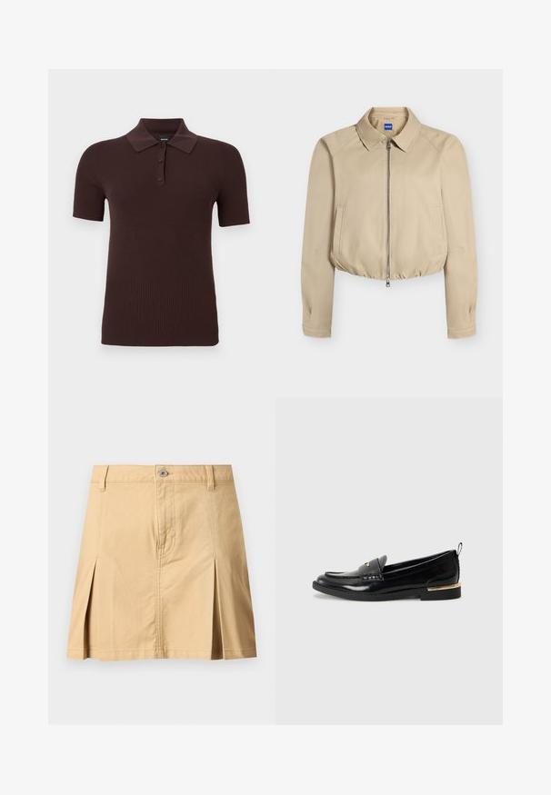 Veste courte beige avec fermeture éclair à l'avant, col pointu, manches longues, poches latérales et ourlet élastiqué, étiquetée "Hugo" à l'intérieur du col.; Polo en maille côtelée à manches courtes de couleur brun foncé avec trois boutons et un col classique, présenté sur un fond uni.; Jupe beige longueur genou avec passants de ceinture, fermeture à boutons sur le devant, deux plis avant et coutures visibles sur fond uni.; Mocassins en cuir verni noir avec un bout arrondi, une sangle décorative et un accent doré sur le talon. Texture lisse avec des détails cousus.