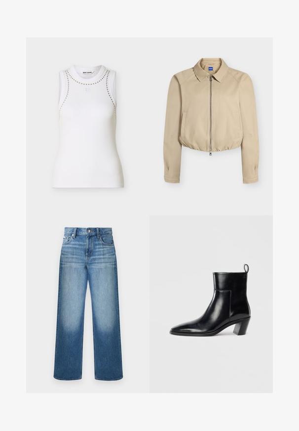 Veste courte beige avec fermeture éclair à l'avant, col pointu, manches longues, poches latérales et ourlet élastiqué, étiquetée "Hugo" à l'intérieur du col.; Débardeur blanc sans manches en maille côtelée avec encolure arrondie, détails cloutés le long des épaules et du haut de la poitrine, avec petit logo DKNY embossé au centre de la poitrine.; Jean denim bleu à jambes droites avec fermeture à boutons et glissière, design à cinq poches et délavage sur les cuisses et les genoux.; Bottine en cuir noir avec un bout pointu, un talon empilé géométrique et une languette à l'arrière. Texture lisse et design épuré.