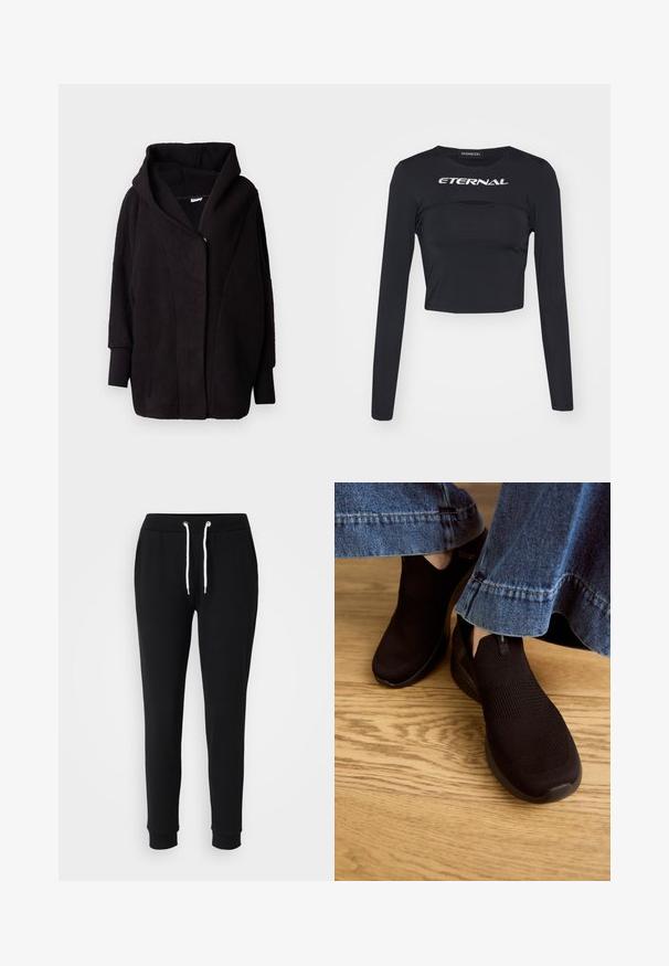 Zwarte fleece capuchonjas met een gestructureerd oppervlak, brede mouwen, een sluiting aan de voorkant en een gedrapeerd ontwerp. De binnenkant is glad.; Zwarte lange mouw cropped top, gemaakt van gladde stof, met het woord "ETERNAL" in zilver op de borst en een horizontale uitsnijding.; Zwarte trainingsbroek met een trekkoord in de taille, witte koordaccenten, taps toelopende pijpen en geribde manchetten. Gemaakt van zachte, comfortabele stof.; Zwarte instapschoenen met een getextureerde gebreide bovenkant en elastische opening. Rond toelopende vorm en een lage, gevoerde zool, gedragen met een denim zoom.