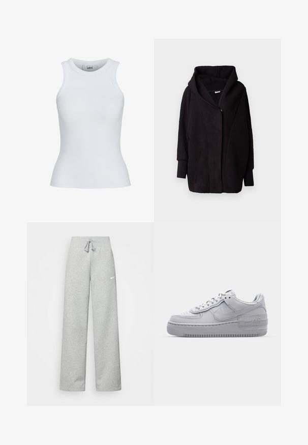 Schwarze Fleece-Hoodie-Jacke mit strukturierten Oberflächen, weiten Ärmeln, einem Frontverschluss und einem drapierten Design. Das Innere ist glatt.; Weißes, geripptes Tanktop mit runder Ausschnittform und ärmellosem Design. Hat eine Slim-Fit-Passform und eine weiche Textur, ideal zum Lagenlook.; Graue Jogginghose mit elastischem Bund, Kordelzug und kleinem weißen Nike-Logo am linken Oberschenkel. Weicher Stoff, locker sitzend.; Graue Nike Air Force 1 Sneaker mit perforierter Zehenpartie, Obermaterial aus glattem Leder, dicker Sohle und geprägtem 'AIR'-Detail an der Ferse.