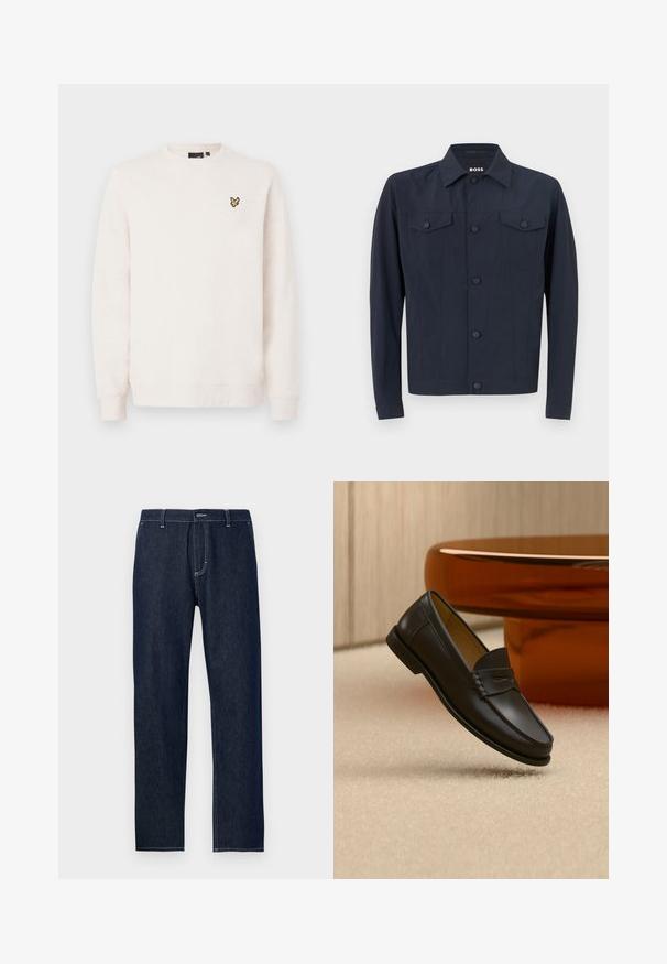 Marinejakke lavet af letvægtsstof, med klassisk krave, knaplukning foran, to brystlommer og lange ærmer.; Off-white crewneck sweatshirt med lange ærmer og et lille gult og sort fuglelogo på venstre bryst.; Mørkeblå denimjeans med lige ben, prydet med kontrasterende gule sømme og en klassisk femlomme-design.; Sort læder loafer-sko hængende over beige tæppe med ravfarvet moderne møblement i baggrunden.