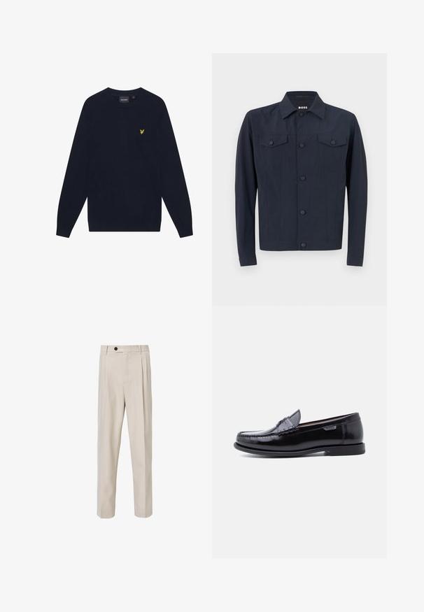Marinejakke lavet af letvægtsstof, med klassisk krave, knaplukning foran, to brystlommer og lange ærmer.; Mørkeblå langærmet crew neck sweater med et lille gult broderet ørnelogo på venstre bryst.; Beige skræddersyede bukser med lige ben-design, der har frontplisseringer, knaplukning og en glat tekstur.; Sorte læderloafer med en blank finish, der har et syet mønster på tåen og en lav, tekstureret sort gummisål.