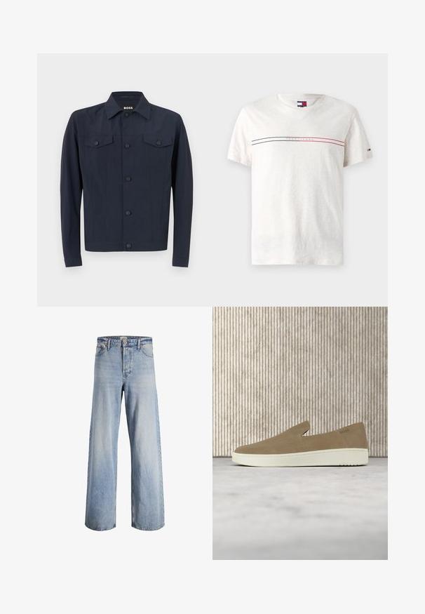 Marinejakke lavet af letvægtsstof, med klassisk krave, knaplukning foran, to brystlommer og lange ærmer.; Kortærmet t-shirt med rund hals i lysebeige stof. Har et vandret stribemønster i sort og rød med "TOMMY JEANS" tekst.; Lysblå højtaljede wide-leg jeans med frontknap og lynlås, fem lommer og falmede detaljer på stoffet.; Beige slip-on sko med hvid sål, vist i luften over et lyst tæppe med ravfarvet gennemsigtigt møblement i baggrunden.