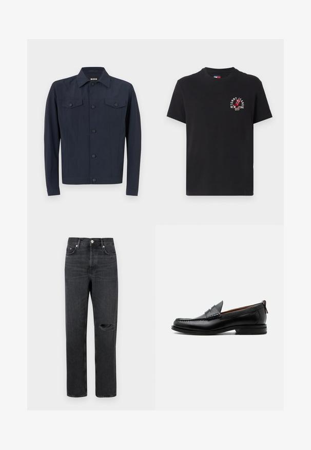 Marinejakke lavet af letvægtsstof, med klassisk krave, knaplukning foran, to brystlommer og lange ærmer.; Sort bomulds t-shirt med korte ærmer, rund hals, med et rødt og hvidt grafiktryk, der siger "TOMMY JEANS NEW YORK CITY."; Sorte denim jeans med lige ben, der har et revnet knæ, fem-lomme design og metalbeslag ved taljen og lommerne.; Sort læder herre loafer med moc-tå syning, penny strop, struktureret krave og lav stablet hæl på hvid baggrund.