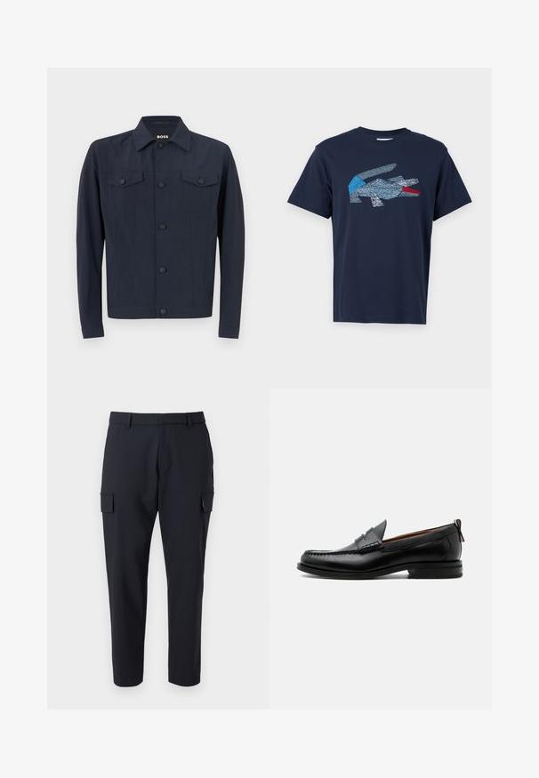 Merijacket valmistettu kevyestä kankaasta, jossa on klassinen kaulus, napitettava etuosa, kaksi rintataskua ja pitkät hihat.; Lacoste Printtipaita - dark blue; Tummansiniset cargo-housut, joissa on suorat lahkeet, kaksi sivutaskua ja tasainen etusuunnittelu. Valmistettu kevyestä kankaasta.; Miesten musta nahka loafer mokkakengännissäpäällysteisesti, pennihihnalla, teksturoidulla kauluksella ja matalalla pinotulla korolla valkoisella taustalla.