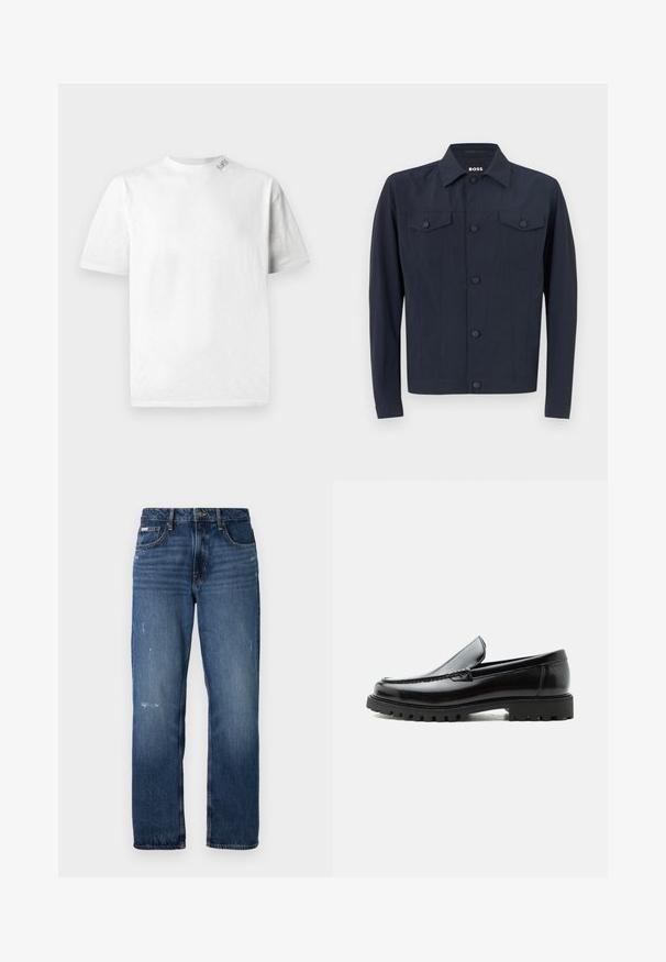 Marinejakke lavet af letvægtsstof, med klassisk krave, knaplukning foran, to brystlommer og lange ærmer.; Hvid kortærmet T-shirt med rund halsudskæring, der har en subtil tekstur og en lille logo-detail på venstre skulder.; Blå denim jeans med lige ben design. Har slidte områder og let slitage på forsiden, med en klassisk knaplukning.; Sort læderloafer med chunky gummisål, syet overdel og præget mærkenavn på hælen, vist i sideprofil på hvid baggrund.