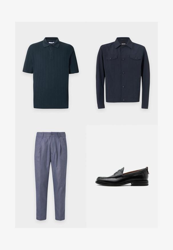 Marinejakke lavet af letvægtsstof, med klassisk krave, knaplukning foran, to brystlommer og lange ærmer.; Mørkeblå kortærmet poloshirt med ribbet tekstur, der har en krave og slidse med tre knapper.; Blå vævede bukser med skræddersyet pasform, der har frontfolder, knaplukning og en glat tekstur. Kropslængde med lige ben.; Sort læder herre loafer med moc-tå syning, penny strop, struktureret krave og lav stablet hæl på hvid baggrund.