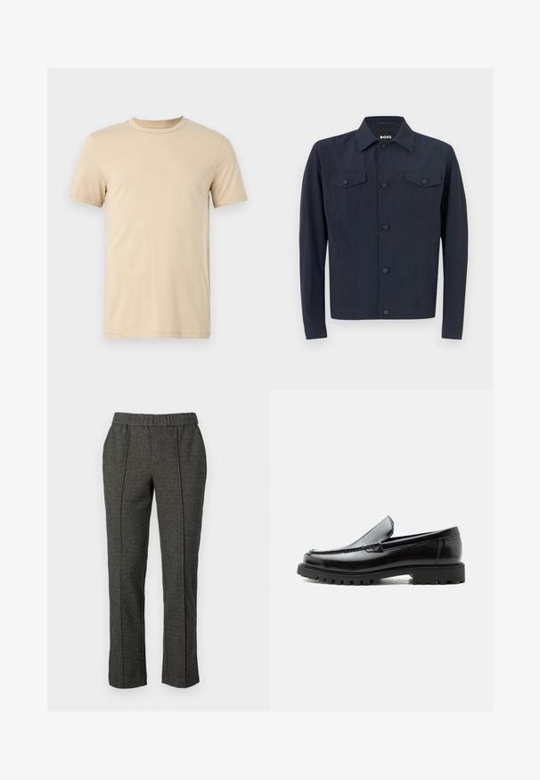 Marinejakke lavet af letvægtsstof, med klassisk krave, knaplukning foran, to brystlommer og lange ærmer.; Beige bomulds T-shirt med korteærmer, rund halsudskæring og præget LOGO tekst på forsiden. Glat tekstur og standard pasform.; Grå skræddersyede bukser med en struktureret stof, der har en elastisk talje, lige ben og detaljer med forkant.; Sort læderloafer med chunky gummisål, syet overdel og præget mærkenavn på hælen, vist i sideprofil på hvid baggrund.