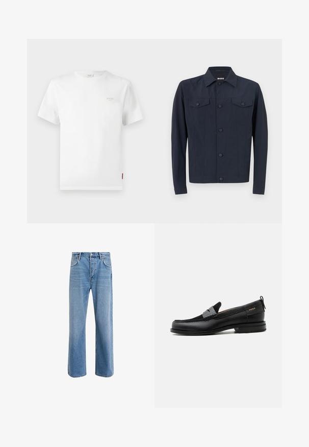Marinejakke lavet af letvægtsstof, med klassisk krave, knaplukning foran, to brystlommer og lange ærmer.; Hvid bomulds t-shirt med korte ærmer, rund hals og et lille gråt logo på venstre bryst. Enkel design, regular fit, glat tekstur.; Lyseblå denim jeans med lige ben-design, fem lommer, knaplukning, minimal falming og kontraststingdetaljer.; Sort læderloafer med grå remdetalje, lav hæl og tekstureret sål, mærket med "HUGO" i guld på siden.