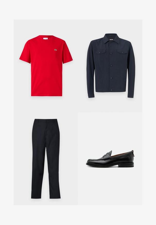 Marinejakke lavet af letvægtsstof, med klassisk krave, knaplukning foran, to brystlommer og lange ærmer.; Rød bomulds T-shirt med korte ærmer, rund hals, og et lille grønt krokodillelogo på venstre bryst. Glat tekstur, afslappet pasform.; Marineblå bukser lavet af glat stof, med lige ben design, en enkelt knaplukning og subtile forfald i fronten.; Sort læder herre loafer med moc-tå syning, penny strop, struktureret krave og lav stablet hæl på hvid baggrund.