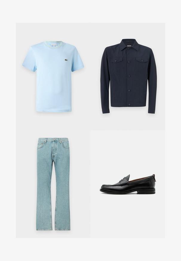 Marinejakke lavet af letvægtsstof, med klassisk krave, knaplukning foran, to brystlommer og lange ærmer.; Lys blå bomulds-T-shirt med korte ærmer, en rund hals med en grøn og hvid stribet kant, og et lille broderet logo på brystet.; Lysblå denimjeans med lige ben-design, der har fem lommer og en knaplukning. Synlige sømme og frynsedetaljer i kanten.; Sort læder herre loafer med moc-tå syning, penny strop, struktureret krave og lav stablet hæl på hvid baggrund.