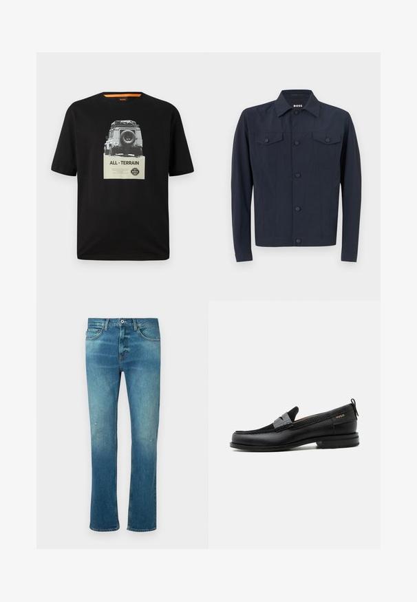 Marinejakke lavet af letvægtsstof, med klassisk krave, knaplukning foran, to brystlommer og lange ærmer.; Sort bomulds T-shirt med rund hals, der har et grafisk print af et klassisk køretøj og teksten "ALL - TERRAIN" på brystet.; Blå denimjeans med lige skæring, der har en falmet finish, let slid på knæene og klassisk fem-lomme design.; Sort læderloafer med grå remdetalje, lav hæl og tekstureret sål, mærket med "HUGO" i guld på siden.