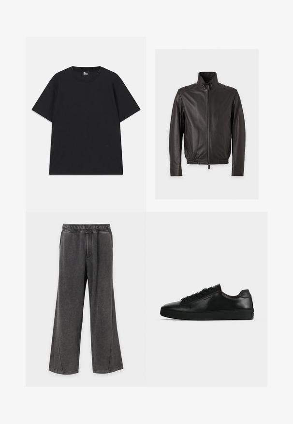 Chaqueta de cuero negra con cuello alzado, cremallera frontal, bolsillos laterales y cintura y puños elásticos, mostrada sobre un fondo claro y sencillo.; Camiseta de algodón de manga corta en color negro, con cuello redondo y un pequeño logo cerca del dobladillo. Textura suave, corte regular.; Pantalones anchos de pierna gris oscuro con cintura elástica y dos bolsillos laterales, hechos de tela suave y cómoda.; Zapatilla de cuero negra de perfil bajo con cordones negros y una suela negra gruesa, mostrada de lado sobre un fondo gris claro.