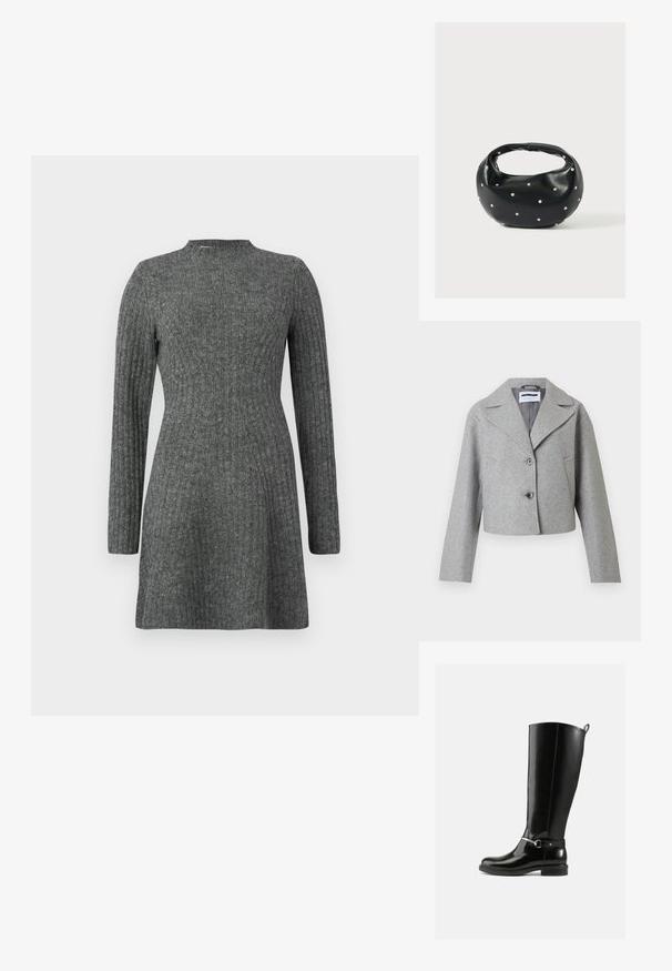Abrigo corto de mezcla de lana gris claro con solapas anchas, dos botones, bolsillos laterales y mangas largas sobre fondo blanco.; Vestido de canalé hasta la rodilla en gris oscuro, con mangas largas y escote alto, fabricado en un suave tejido texturizado.; Botas negras hasta la rodilla hechas de cuero brillante, con un detalle de hebilla plateada en el tobillo y un diseño de punta redondeada. Suela plana.; Bolso de mano de cuero negro con forma redondeada, decorado con detalles de tachuelas plateadas y un asa corta. Textura lisa y cierre con cremallera.