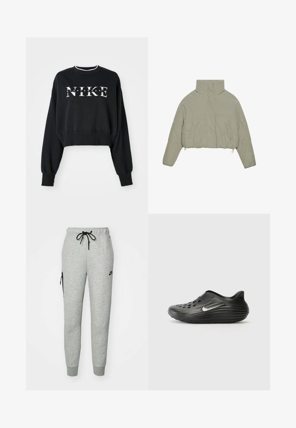 Gekürzte Daunenjacke aus hellgrünem Cord. Mit hohem Kragen, Druckknöpfen und zwei Fronttaschen. Glatte Textur mit geripptem Design.; Schwarzer, gekürzter Pullover aus Baumwolle mit weißem Druck "NIKE" und "SPORTSWEAR", mit gerippten Bündchen und Kragen.; Graue Jogginghose aus weichem Material mit einem Zugbandbund, schmal zulaufenden Beinen und einer Reißverschlusstasche auf der linken Seite. Mit schwarzem Logo.; Schwarze Slipper Clogs mit glatter, strukturierter Oberfläche, mehreren Belüftungsöffnungen und einem silbernen Nike-Logo an der Seite. Abgerundete Rückseite.