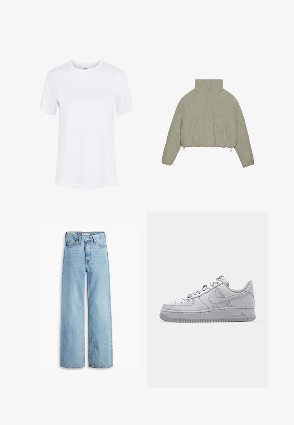 Beskåret pufferjakke i lysegrønt kordfløjl. Har høj krave, trykknapper og to frontlommer. Glat tekstur med ribbet design.; Hvid kortærmet bomuld T-shirt med rund hals og foldede ærmekanter, vist på en ensartet hvid baggrund.; Højtaljede, lyseblå, vide bukser med knap og lynlås fortil, bæltestropper og fem lomme-stil.; Hvid lædersneaker med lavt design, rund tå, perforerede detaljer og en tekstureret gummisål. Har grå accenter på tungen.
