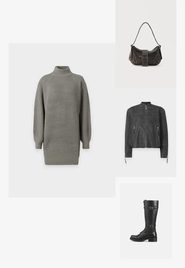 Chaqueta de cuero negro con cuello alzado, cremallera frontal y dos bolsillos con cremallera. Presenta costuras sutiles y un ajuste entallado.; Suéter gris de punto de gran tamaño con cuello alto, puños de canalé y superficie texturizada. Presenta hombros caídos y un fit holgado.; Botas altas de cuero negro con cordones en la parte delantera, hebillas en los laterales, textura suave, punta redondeada y un tacón bajo resistente.; Bolso de hombro de cuero negro con detalle de correa con hebilla, bordes curvos y costuras blancas en contraste sobre un fondo liso.
