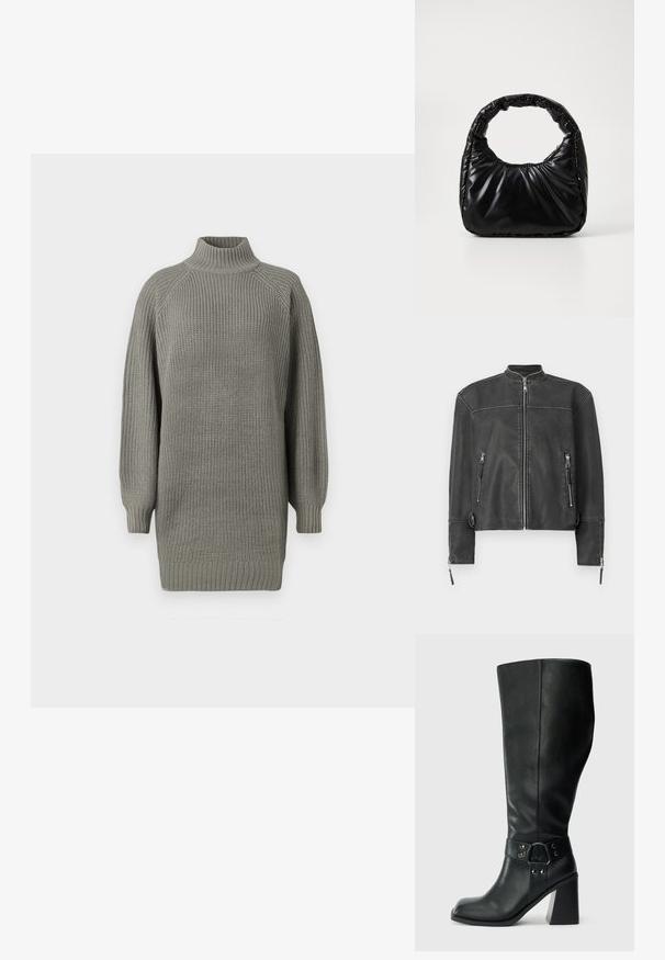 Schwarze Lederjacke mit einem Stehkragen, Frontreißverschluss und zwei Reißverschlusstaschen. Mit feinen Nähten und taillierter Passform.; Übergroßer grauer Strickpullover mit hohem Kragen, gerippten Bündchen und strukturierter Oberfläche. Verfügt über gesenkte Schultern und eine lockere Passform.; Knöchelhöhe schwarze Lederstiefel mit quadratischer Spitze, breitem Absatz und einem dekorativen Riemen mit metallischen Akzenten um den Knöchel. Glatte Textur.; Schwarze gepolsterte Handtasche mit einem runden Griff, die eine glatte, glänzende Oberfläche und eine weiche, gestepfte Textur aufweist. Keine sichtbare Hardware oder Akzente.