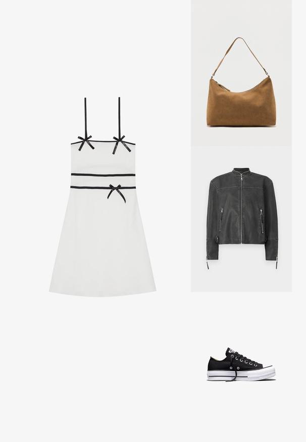 Veste en cuir noir avec col montant, fermeture éclair à l'avant et deux poches zippées. Présente des coutures discrètes et une coupe ajustée.; Robe sans manches blanche avec des accents de ruban noir aux épaules et à la taille. Texture lisse, longueur genou, silhouette ajustée, design à nervures subtiles.; Baskets basses en toile noire avec semelle plateforme en caoutchouc blanche, lacets noirs et œillets métalliques sur fond blanc.; Sac à bandoulière en daim marron avec une seule sangle et une fermeture éclair supérieure, présenté sur un fond blanc uni.